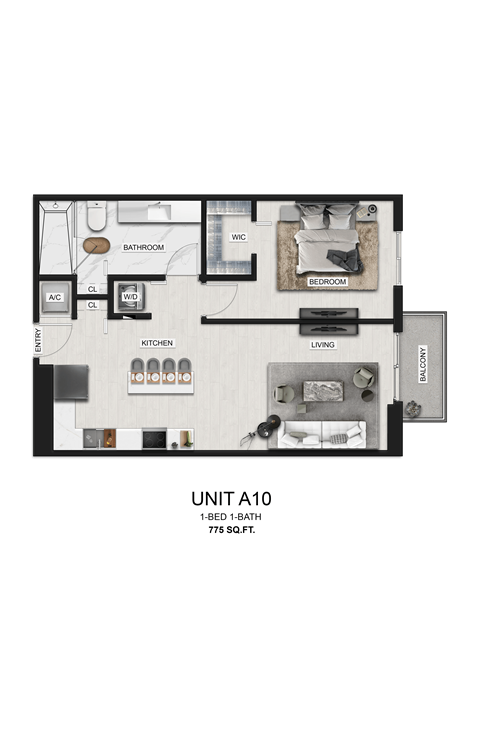 Floor plan for 1 bed, 1 bath, 775 sqft